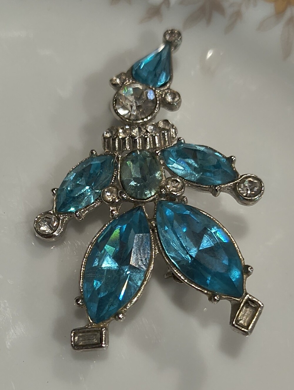 VTG MCM Sky Blue & Clear Rhinestone Clown Brooch Silver Tone 1950s